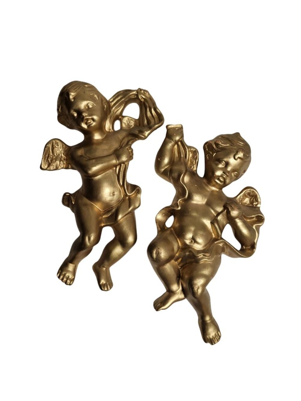 2 Vtg Terracotta Winged Cherub Putti Wall Decor Figures - Metallic Gold - 8.5"